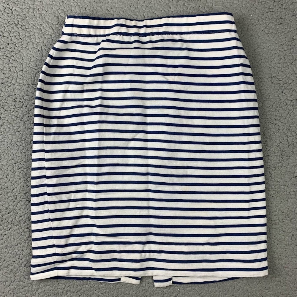 J Crew The Pencil Skirt Blue White Nautical Striped Womens Size 8‎ Linen Cotton